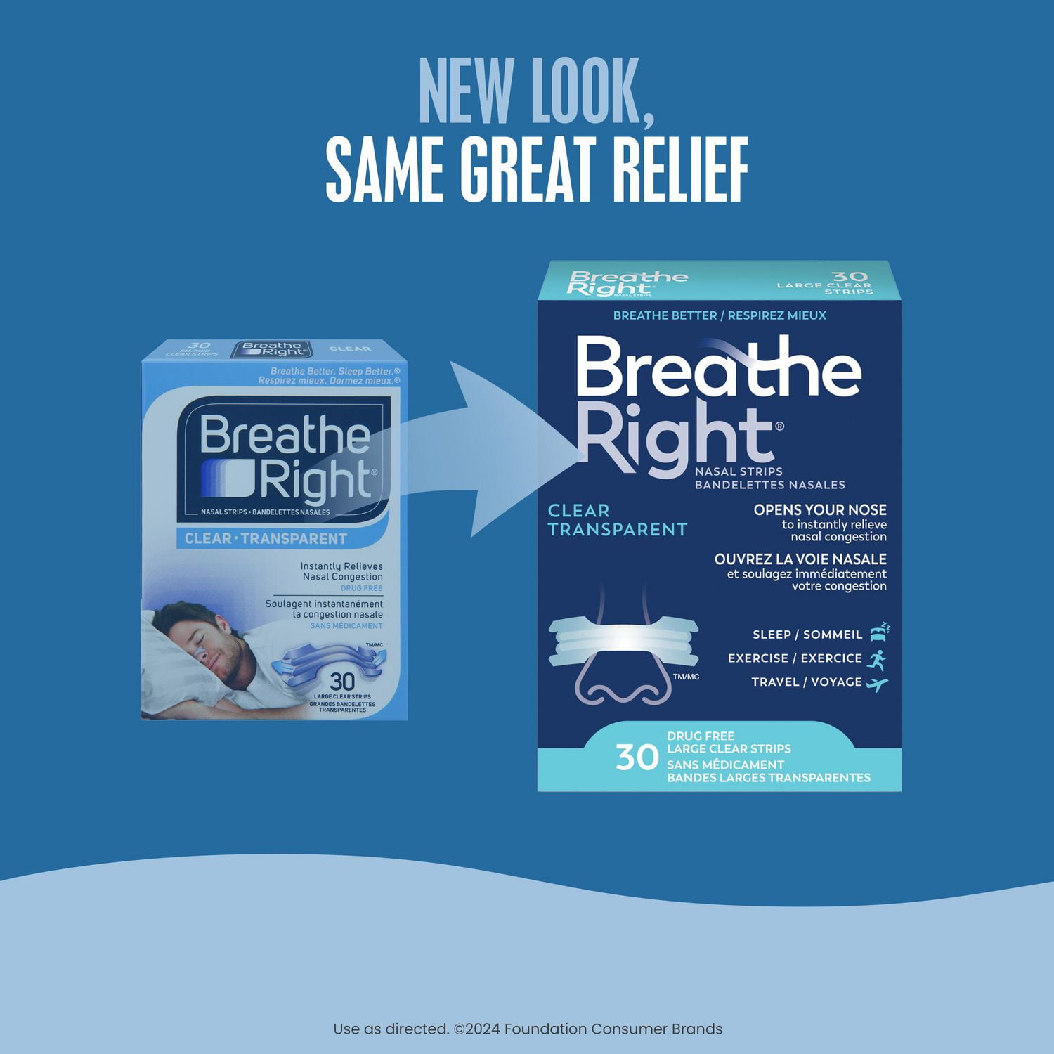 Breathe Right grandes bandelettes nasales transparentes | Efficace, sans médicament et facile à appliquer 30 Grandes Bandelettes Transparentes