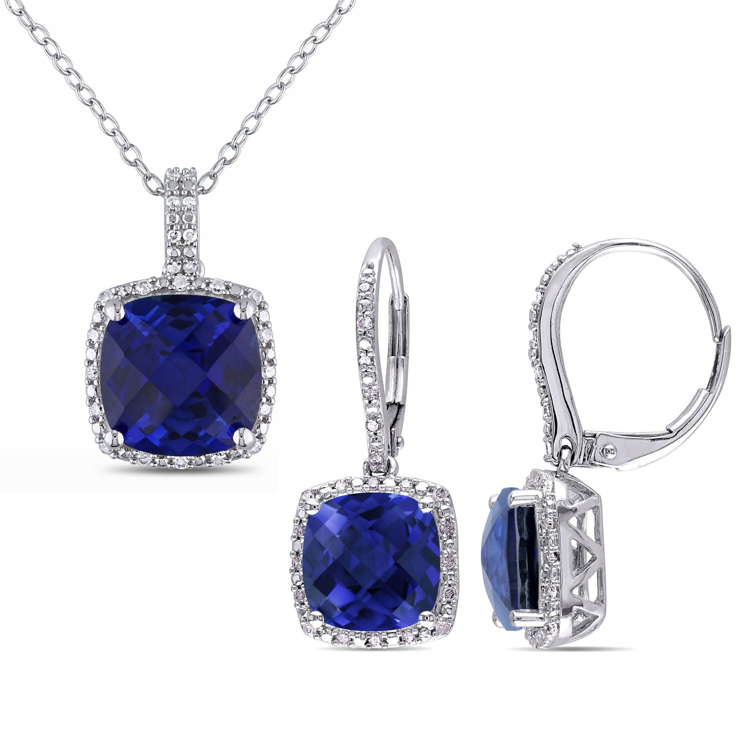 Tangelo 12-1/5 Carat T.G.W. Created Blue Sapphire and 1/3 Carat T.W. Diamond Sterling Silver Halo Pendant and Earrings Set