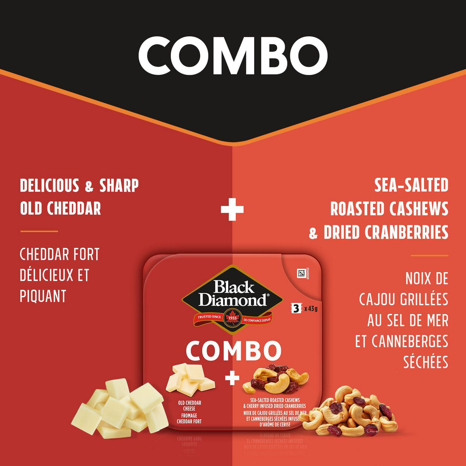 Black Diamond Old Cheddar Cheese, Cashews & Cranberries Combo Snack, 3 packs x 43 g; 129g