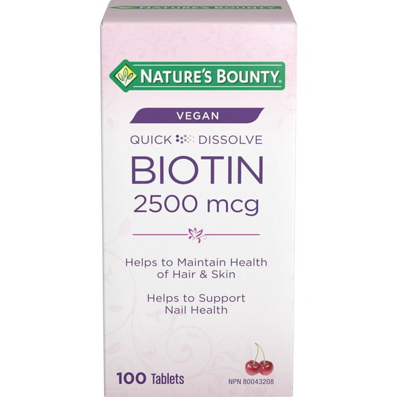 NATURE'S BOUNTY Biotin, Quick Dissolve Tablets, Maintains Hair And Skin Health, Maintains Nail Health, Helps To Metabolize Nutrients, Vegan, Cherry Flavour 100ct