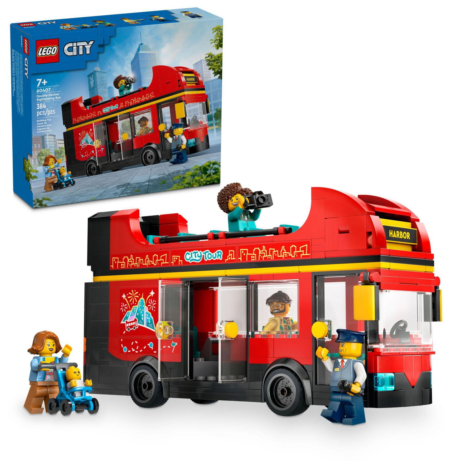 LEGO City Red Double Decker Sightseeing Bus Toy Vehicle Set for Kids London Bus Birthday Gift for 7 Year Olds and Up Double Decker Bus Toy Includes 5 Characters a Baby and Stroller 60407