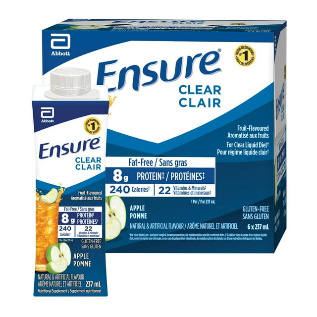 Ensure Clear, Clear Liquid Nutrition Drink, Refreshing Fruit Flavoured Nutrional Supplement, Apple, 6 x 237-mL Bottles