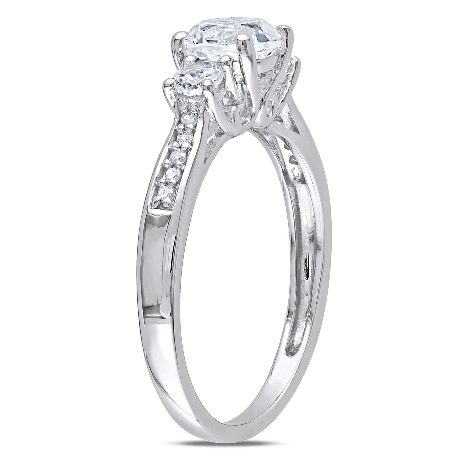 Miabella 1.33 Carat T.G.W. Created White Sapphire and Diamond Accent 10 K White Gold Three-Stone Engagement Ring