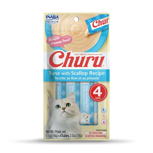 INABA Churu Cat Treats, Purée crémeuse à lécher sans céréales avec de la vitamine E - Recette de thon aux pétoncles, 4 tubes 56g (4x14g)