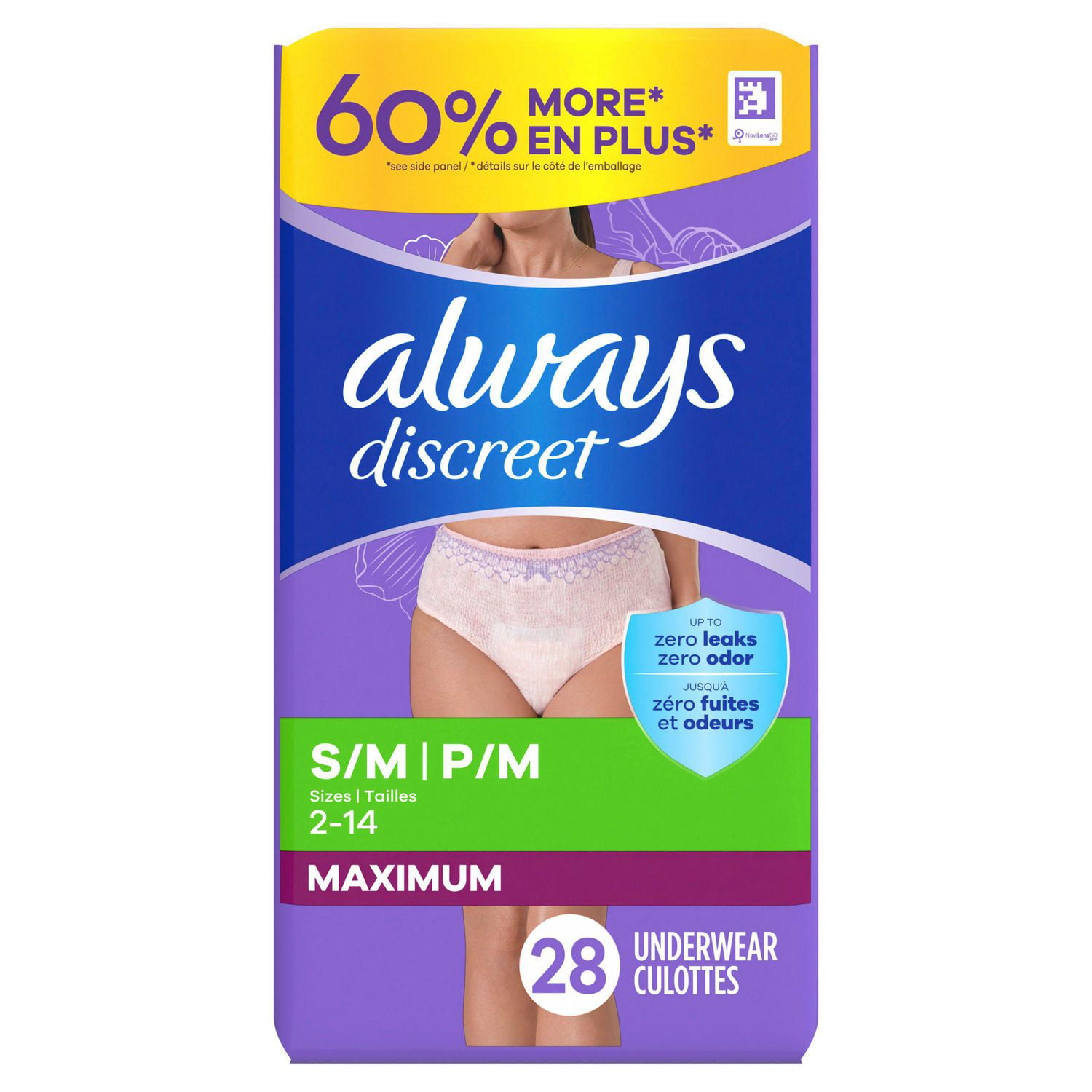 Always Discreet Adult Incontinence Underwear for Women and Postpartum Underwear, S/M, Up to 100% Bladder Leak Protection