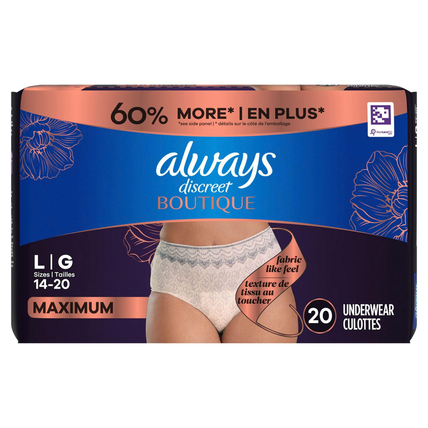 Always Discreet Boutique Incontinence and Postpartum Underwear for Women, Maximum Protection, L, Rosy