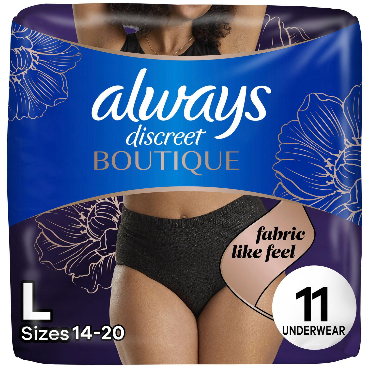 Culottes d’incontinence et de post-partum Always Discreet Boutique, protection maximale, pour femmes, taille G, couleur noire, 11∘culottes