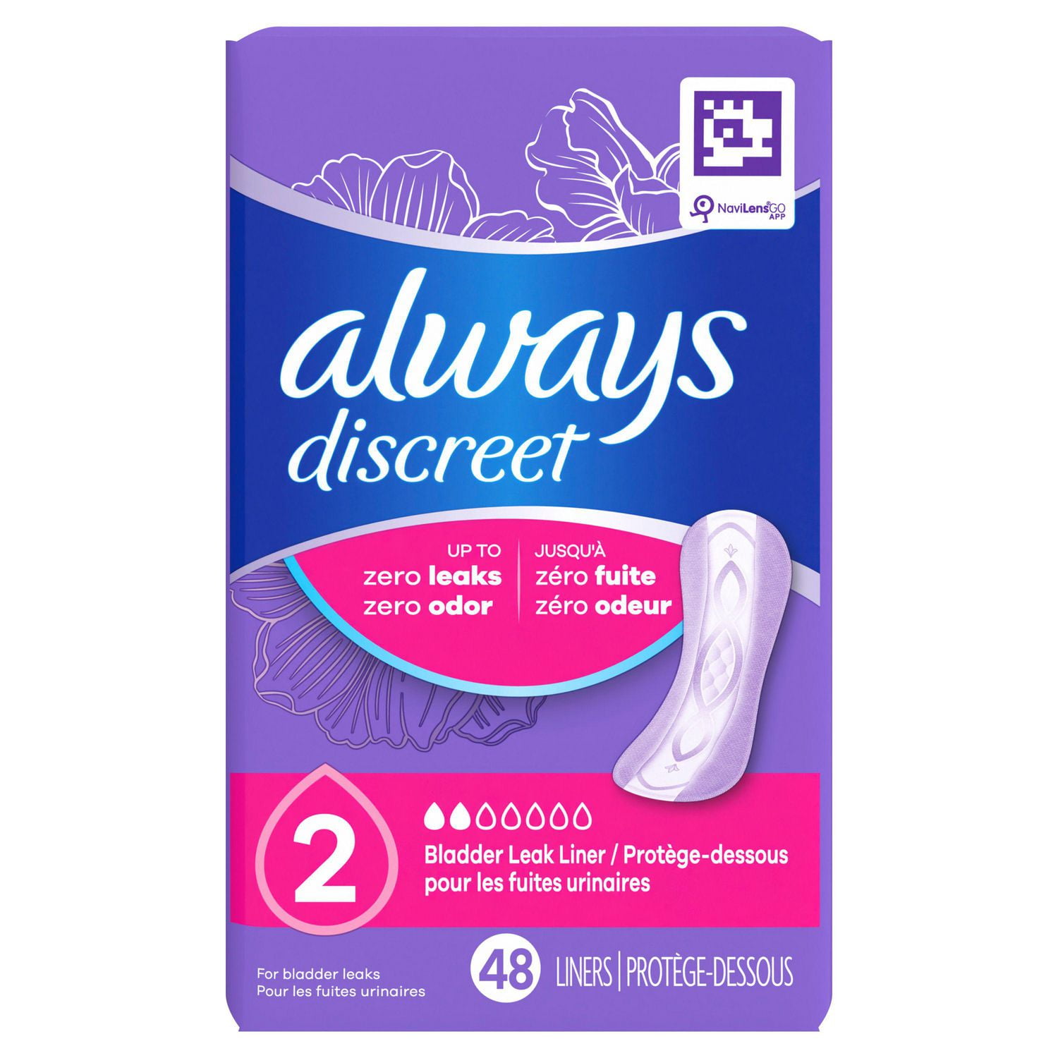 Protège-dessous d’incontinence Always Discreet pour les fuites urinaires, degré d’absorption très léger, taille;2, 48;protège-dessous