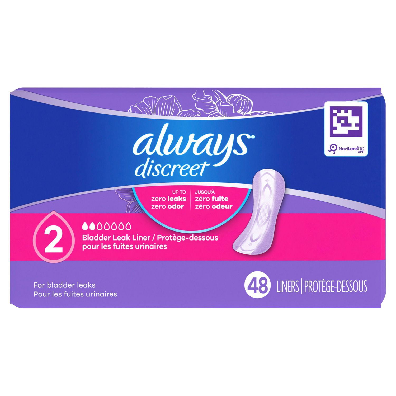 Protège-dessous d’incontinence Always Discreet pour les fuites urinaires, degré d’absorption très léger, taille;2, 48;protège-dessous