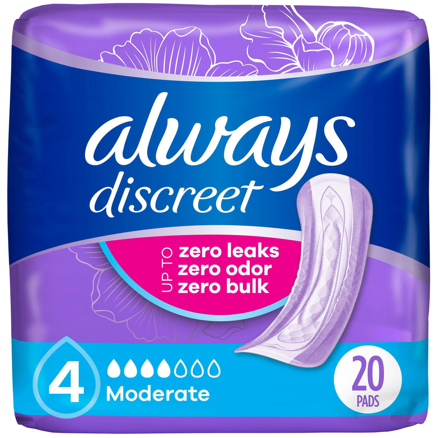 Serviettes d’incontinence et de post-partum Always Discreet, régulières, degré d’absorption modéré, pour femmes, 20;serviettes