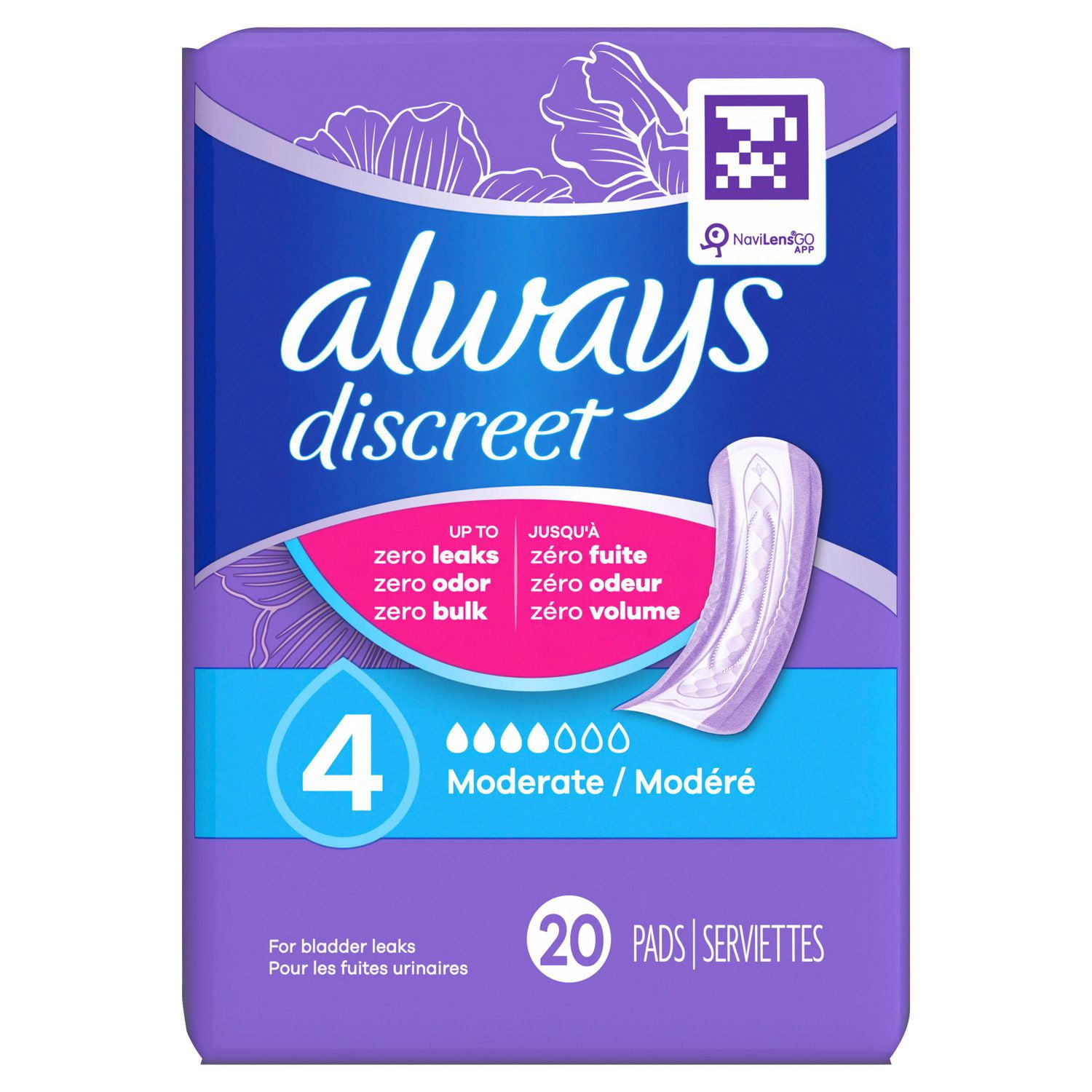 Serviettes d’incontinence et de post-partum Always Discreet, régulières, degré d’absorption modéré, pour femmes, 20;serviettes
