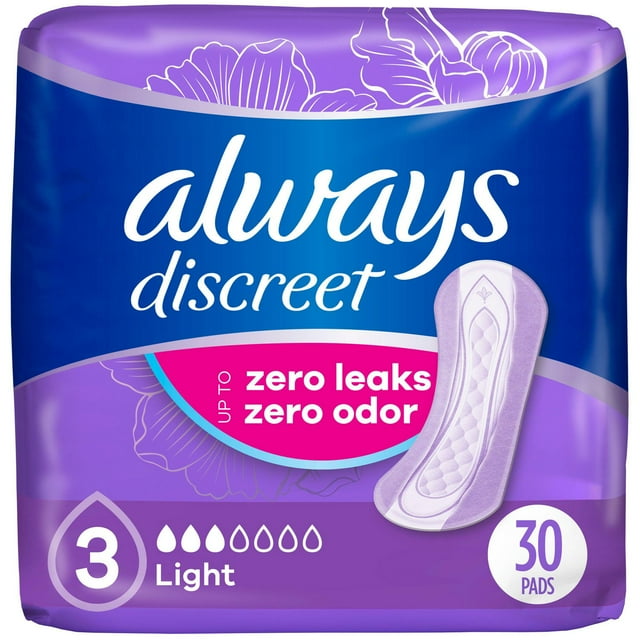 Always Discreet Adult Incontinence Pads for Women, Light Absorbency, Regular Length, Postpartum Pads