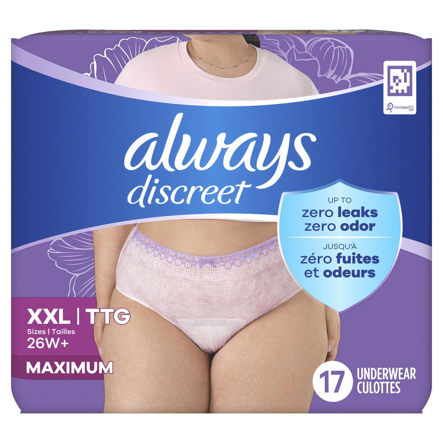 Culottes d’incontinence et de post-partum pour adultes Always Discreet, protègent jusqu’à 100 % contre les fuites urinaires, pour femmes, taille TTG, 17 culottes 17CT