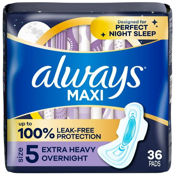 Always Maxi Overnight Pads with Wings for Women, Size 5, Extra Heavy Overnight Absorbency, Unscented, 36CT