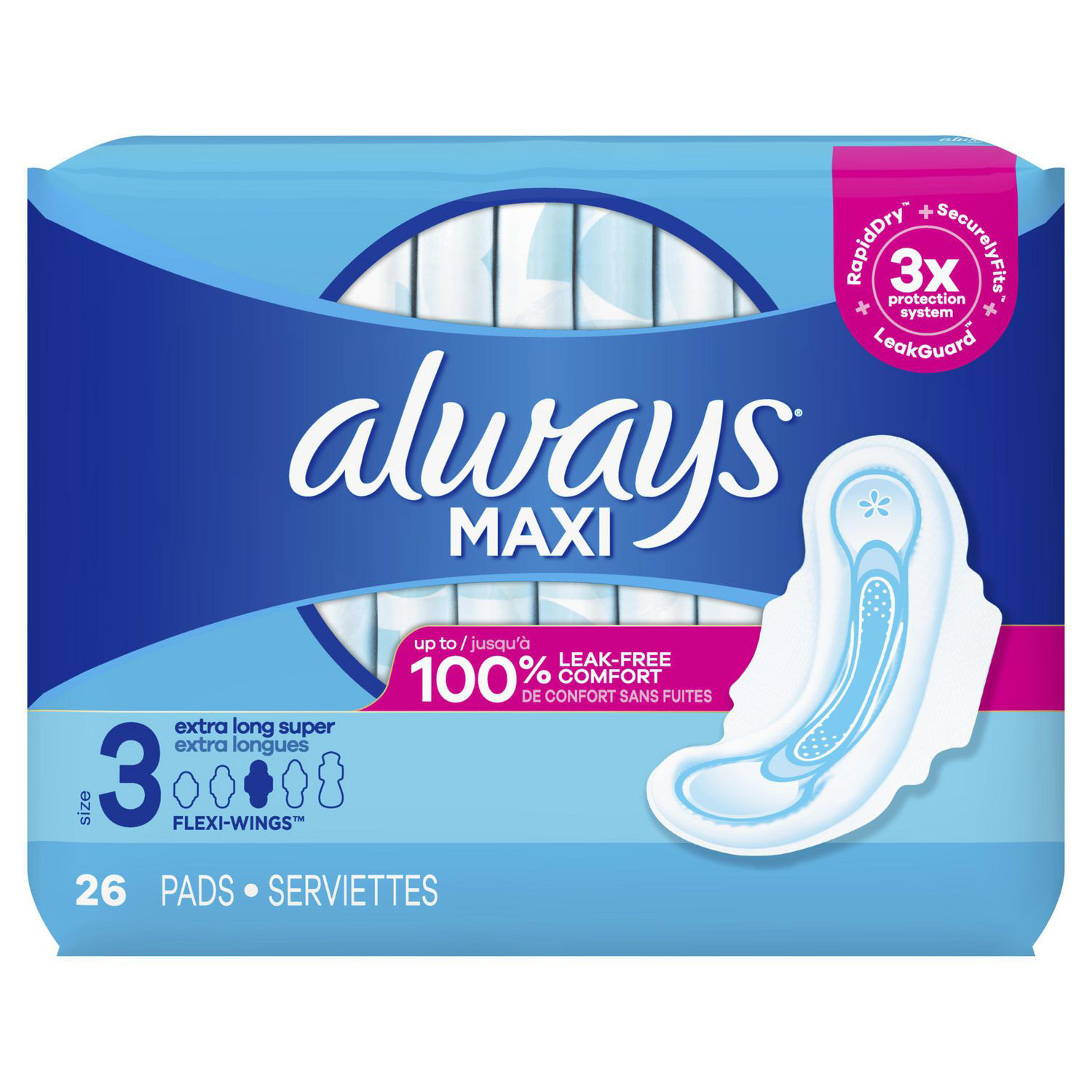Always Maxi Daytime Pads with Wings, Size 3, Extra Long, Unscented, 26 Pads