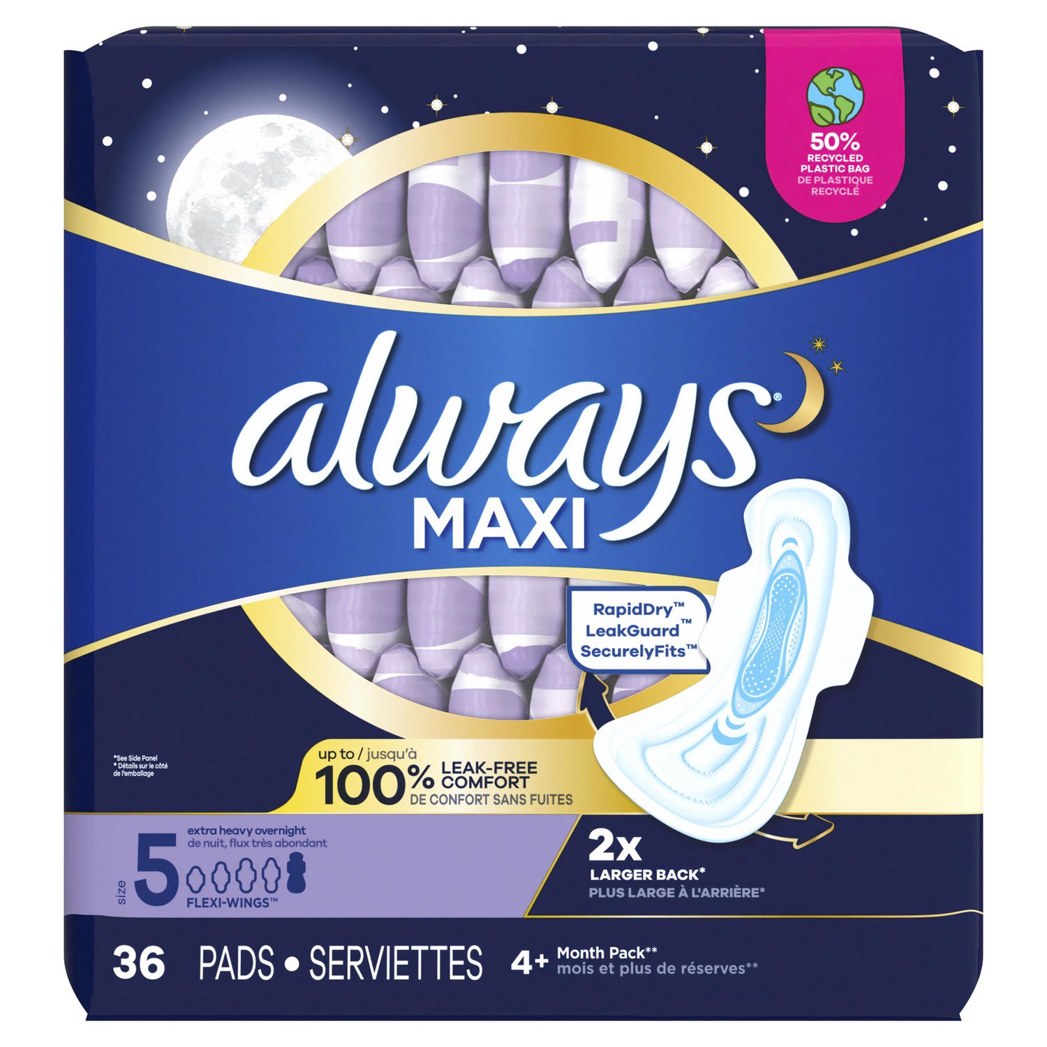 Life Brand Maxi Pads Overnights with Wings, 36 Units - 36 ea