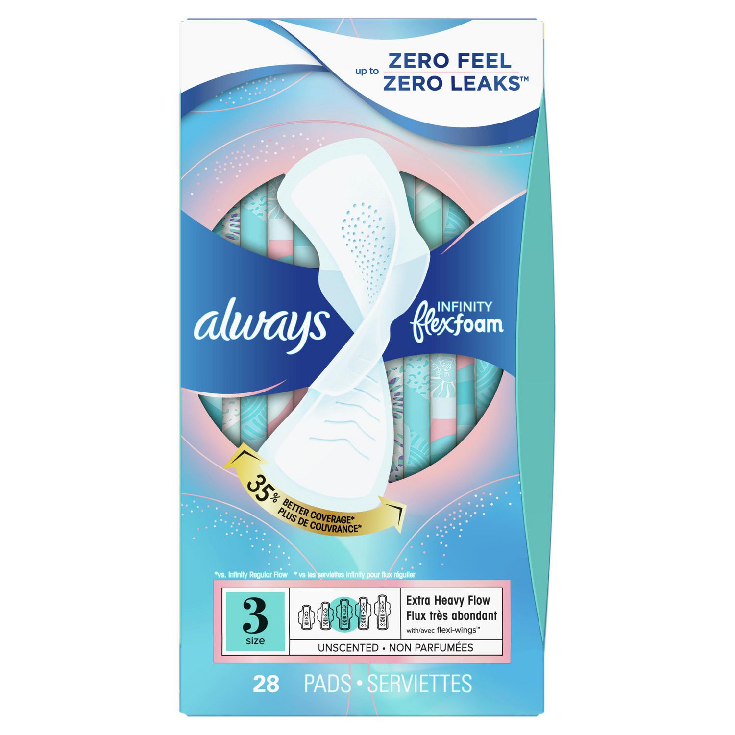 Always Radiant Feminine Pads For Women, Size 3 Extra Heavy Flow Absorbency,  With Flexfoam, With Wings, Unscented, 66 Count