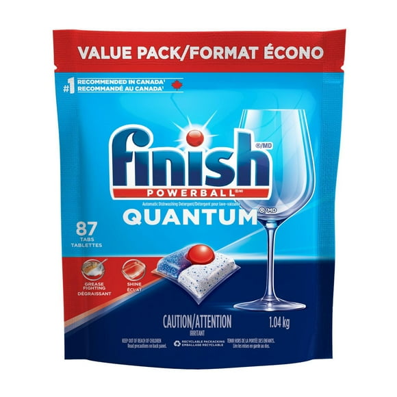 Finish® Quantum® Dosettes de détergent pour lave-vaisselle, pas besoin de pré-sinse, pour un nettoyage en profondeur et une brillance étincelante