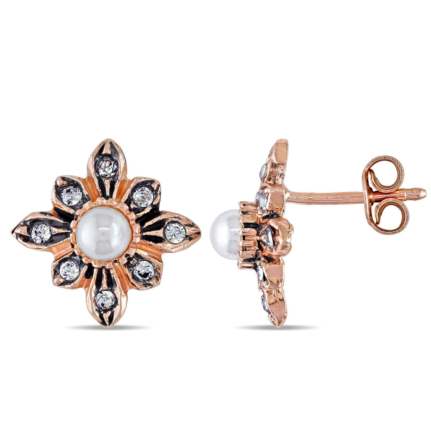 Miabella 4-4.5mm Faux Pearl and Crystal Rose Plated Sterling Silver Vintage Stud Earrings