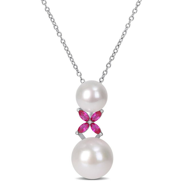 Miabella Freshwater Cultured Pearl and Created Ruby Sterling Silver Drop Pendant
