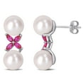 thumbnail image 1 of Miabella Freshwater Cultured Pearl and Created Ruby Sterling Silver Drop Earrings, 1 of 3