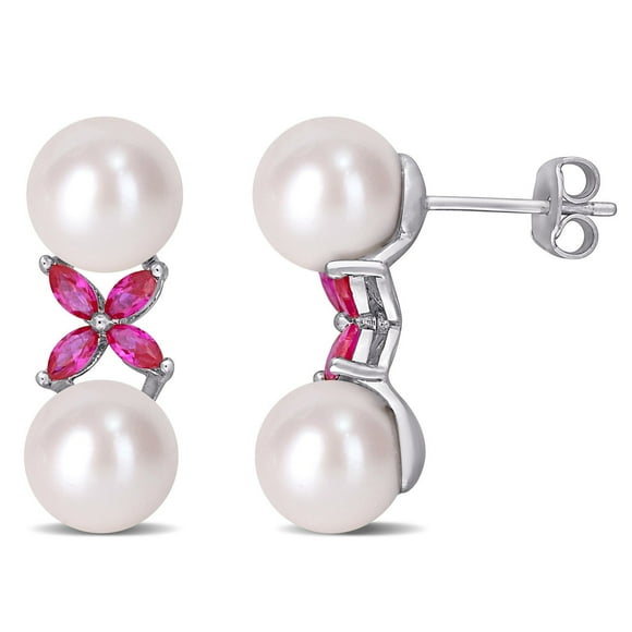 Boucles d’oreilles pendantes Miabella avec perles d’eau douce cultivées et rubis synthétique en argent sterling
