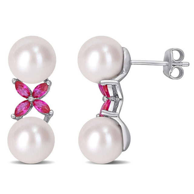 Miabella Freshwater Cultured Pearl and Created Ruby Sterling Silver Drop Earrings