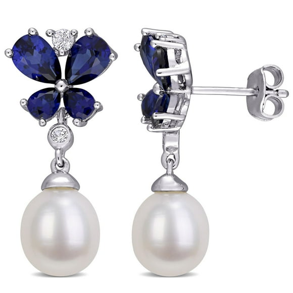 Boucles d’oreilles pendantes florales Miabella avec perles d’eau douce cultivées et saphir synthétique en argent sterling