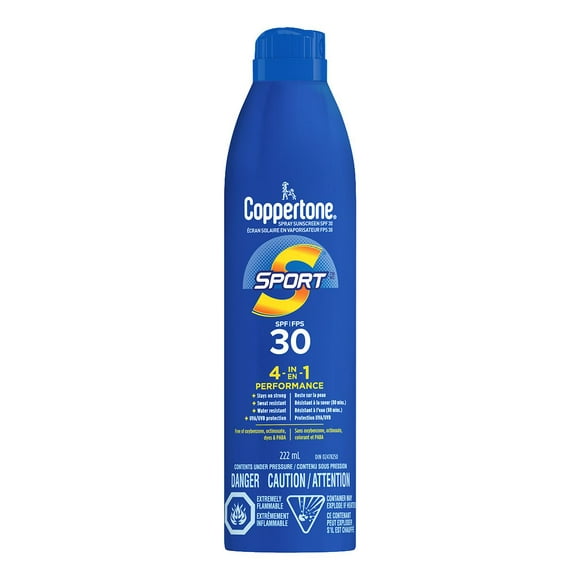 COPPERTONE Sport Sunscreen Spray SPF 30, 4-in-1 Performance, Sweat and Water-Resistant Spray Sunscreen Broad Spectrum SPF 30 UVA/UVB Protection, 222 mL