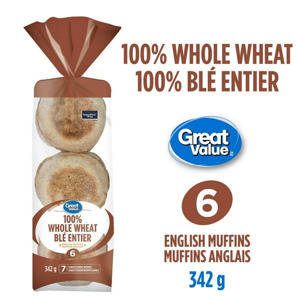 Great Value Whole Wheat English Muffins, 6 pk, 342 g Walmart.ca