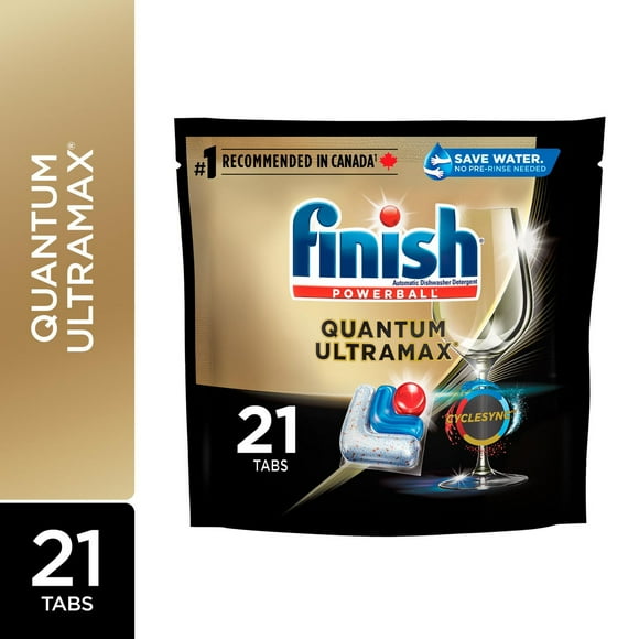 Finish Quantum Ultramax dishwasher detergent pods with Cyclesync*, for the Ultimate Clean even in the toughest condition, No pre rinse needed, 21 count