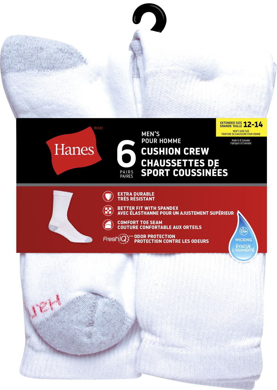 Hanes Men's P6 Cushion Odor Protection Crew Socks, 6-12