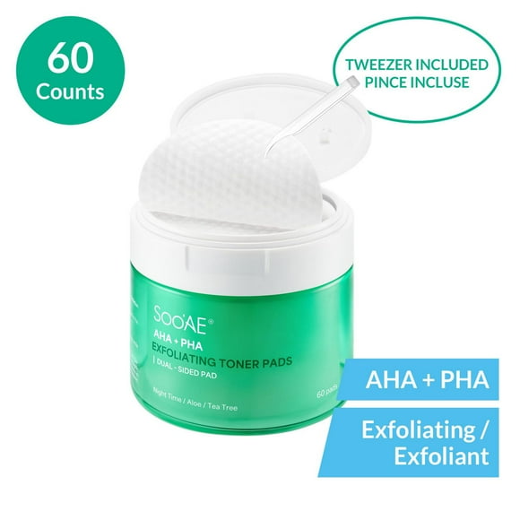Soo'AE AHA + PHA EXFOLIATING TONER PADS, 60 counts (Tweezer included)