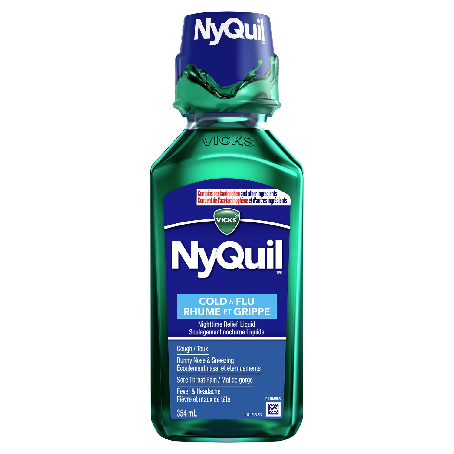 Vicks NyQuil Cold and Flu Symptom Relief Liquid Medicine Multi-Symptom Nighttime Relief for Headache, Fever, Sore Throat Pain, Minor Aches and Pains, Runny Nose and Cough 354ml