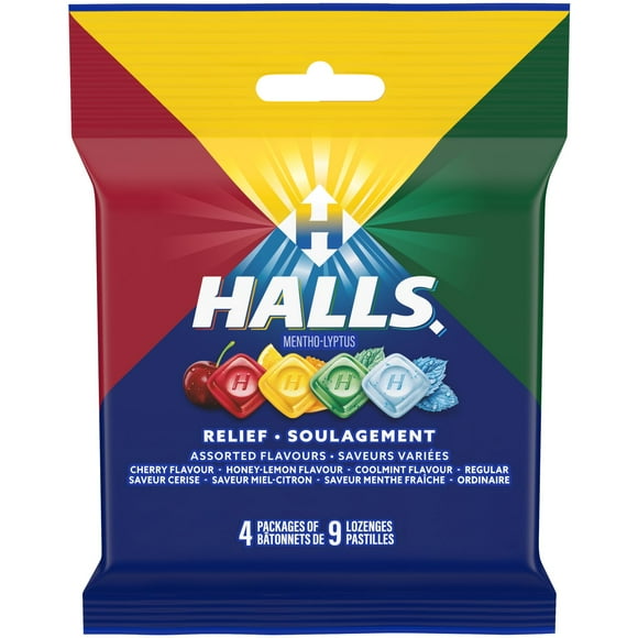 HALLS Assorted Flavours Cough Drops, Throat Lozenges, Sore Throat Relief, Mentho-Lyptus, 4 Packs of 9 Lozenges