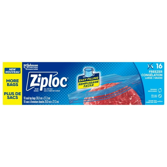 Ziploc® Freezer Bags with Stay Open Technology, Large, 16 Bags