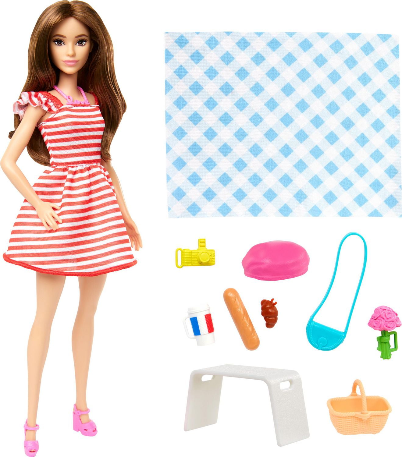 Barbie Pink Passport Paris Doll Set with Clothes Picnic Accessories Includes Brunette Doll Ages 3