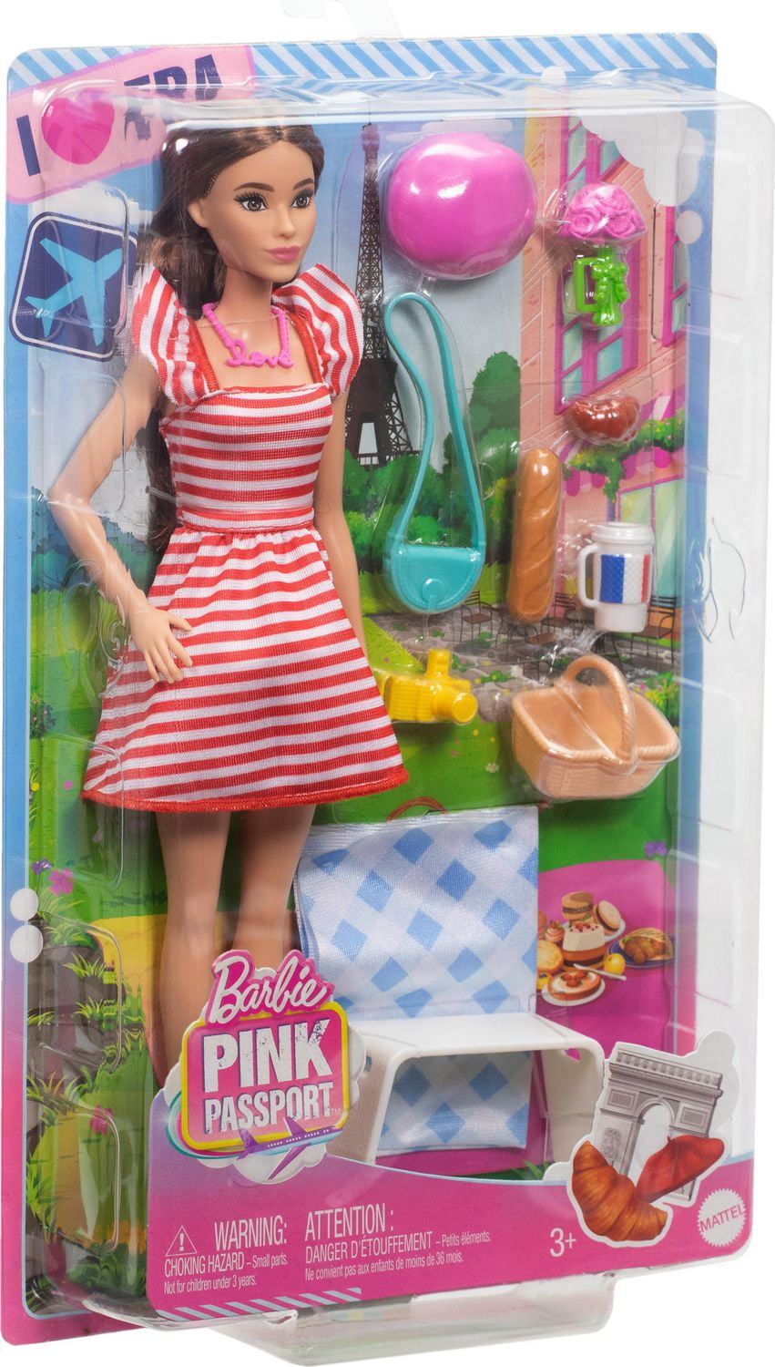 Barbie Pink Passport Paris Doll Set with Clothes Picnic Accessories Includes Brunette Doll Ages 3