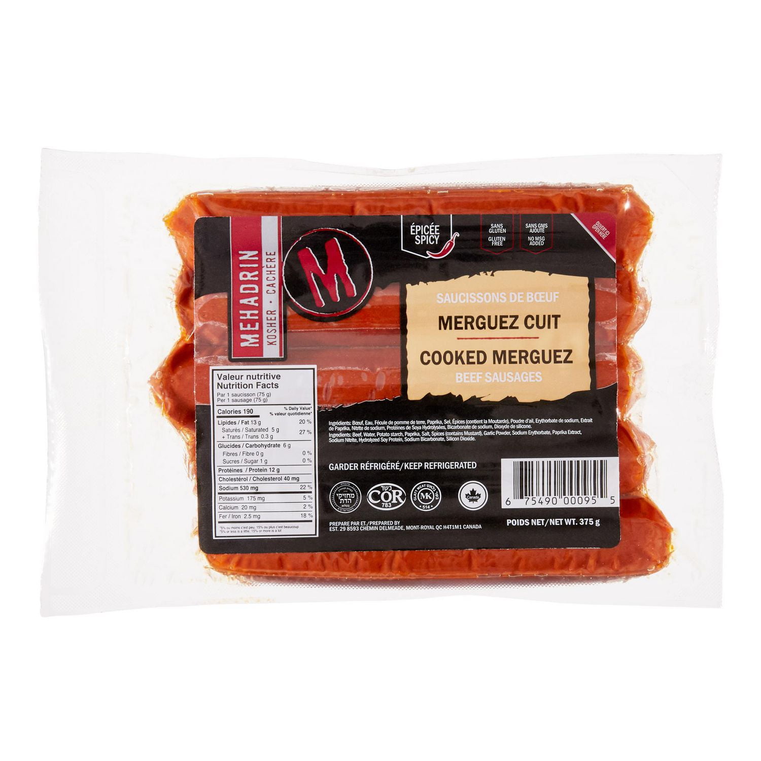 Mehadrin Kosher Cooked Merguez Beef Sausages, 375 g