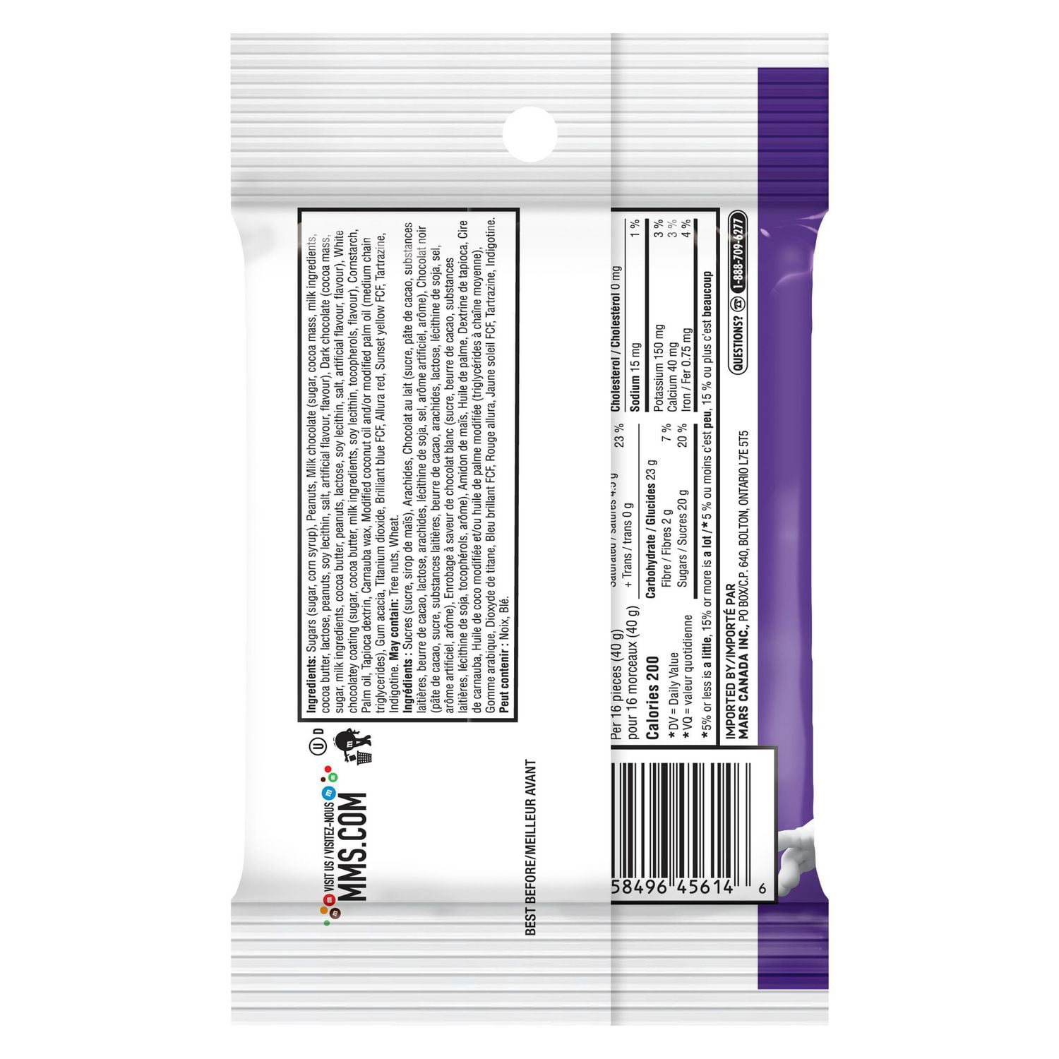 Mélange de friandises au chocolat M&M's aux arachides, au chocolat noir et aux arachides, au chocolat au lait et aux arachides, et au chocolat blanc et aux arachides, sac, 109 g