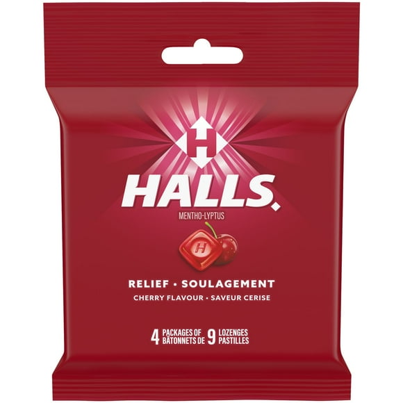 HALLS Cherry Flavour Cough Drops, Throat Lozenges, Sore Throat Relief, Mentho-Lyptus, 4 Count x 9 pieces, 4 Count x 9 Lozenges