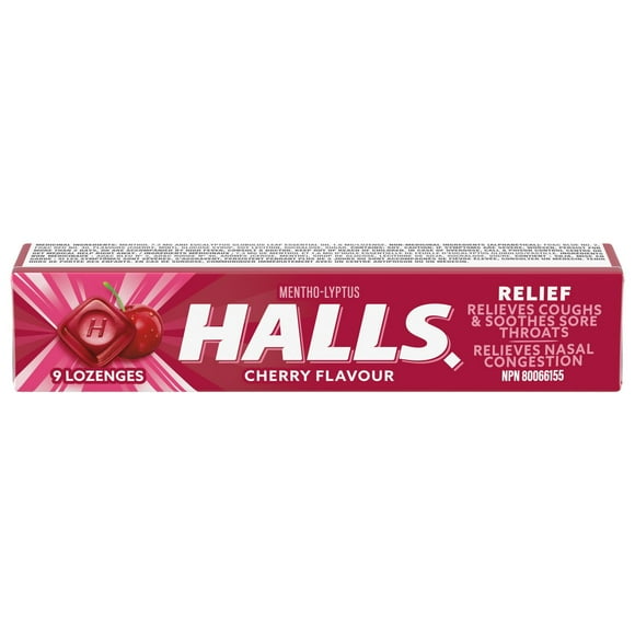 HALLS Cherry Flavour Cough Drops, Throat Lozenges, Sore Throat Relief, Mentho-Lyptus, 9 Lozenges