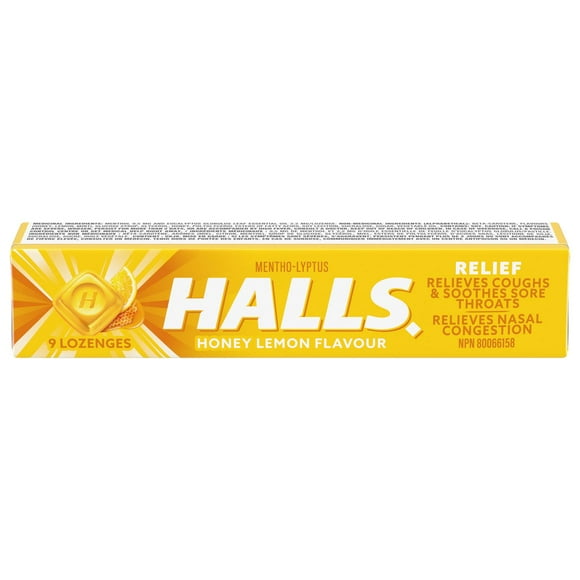 HALLS Honey Lemon Cough Drops, Throat Lozenges, Sore Throat Relief, Mentho-Lyptus, 9 Lozenges