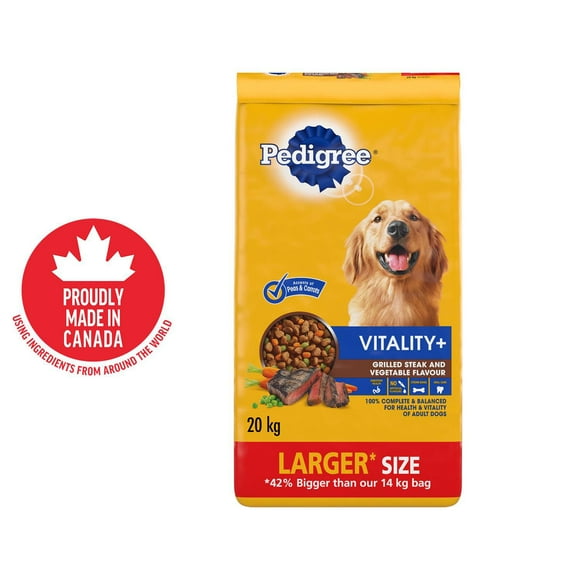 PEDIGREE VITALITY+ Dry Food For Adult Dogs – Grilled Steak & Vegetable Flavour - Supports Strong Bones and Healthy Teeth – With Calcium, 20kg Bag