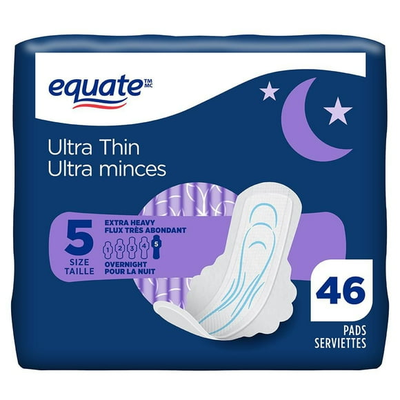 Equate Overnight Absorbency Ultra Thin Pads with Flexi- Wings, Size 5, Extra Heavy Overnight, 46 Count, 46 Size 5, Ultra Thin Pads