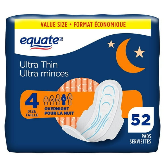 Equate Overnight Absorbency Ultra Thin Pads with Flexi- Wings, Size 4, 52 Count, 52 Size 4, Ultra Thin Pads
