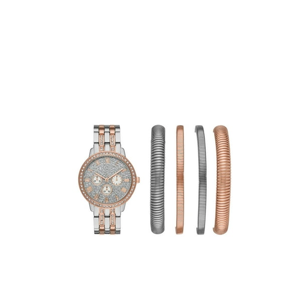Ladies' Rose Gold and Silver Glitz Watch and Stackable Bracelet Gift