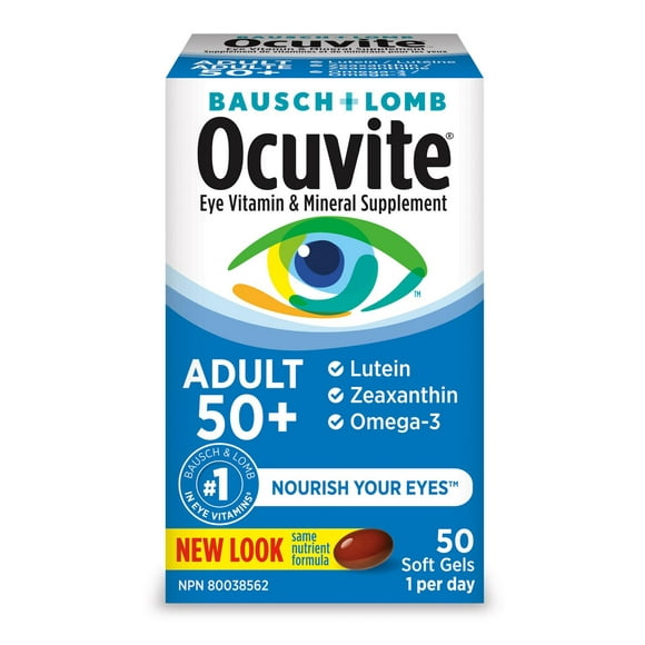 Bausch & Lomb Ocuvite Adult 50+ Eye Vitamin and Mineral Supplement 50 Soft Gel Capsules, Antioxidant for the maintenance of eye health.