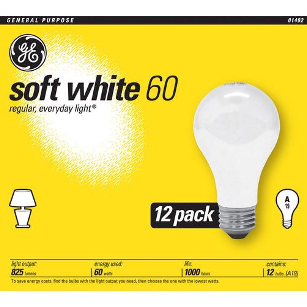 Ampoule A19 blanc doux GE 60 W – paquet de 12