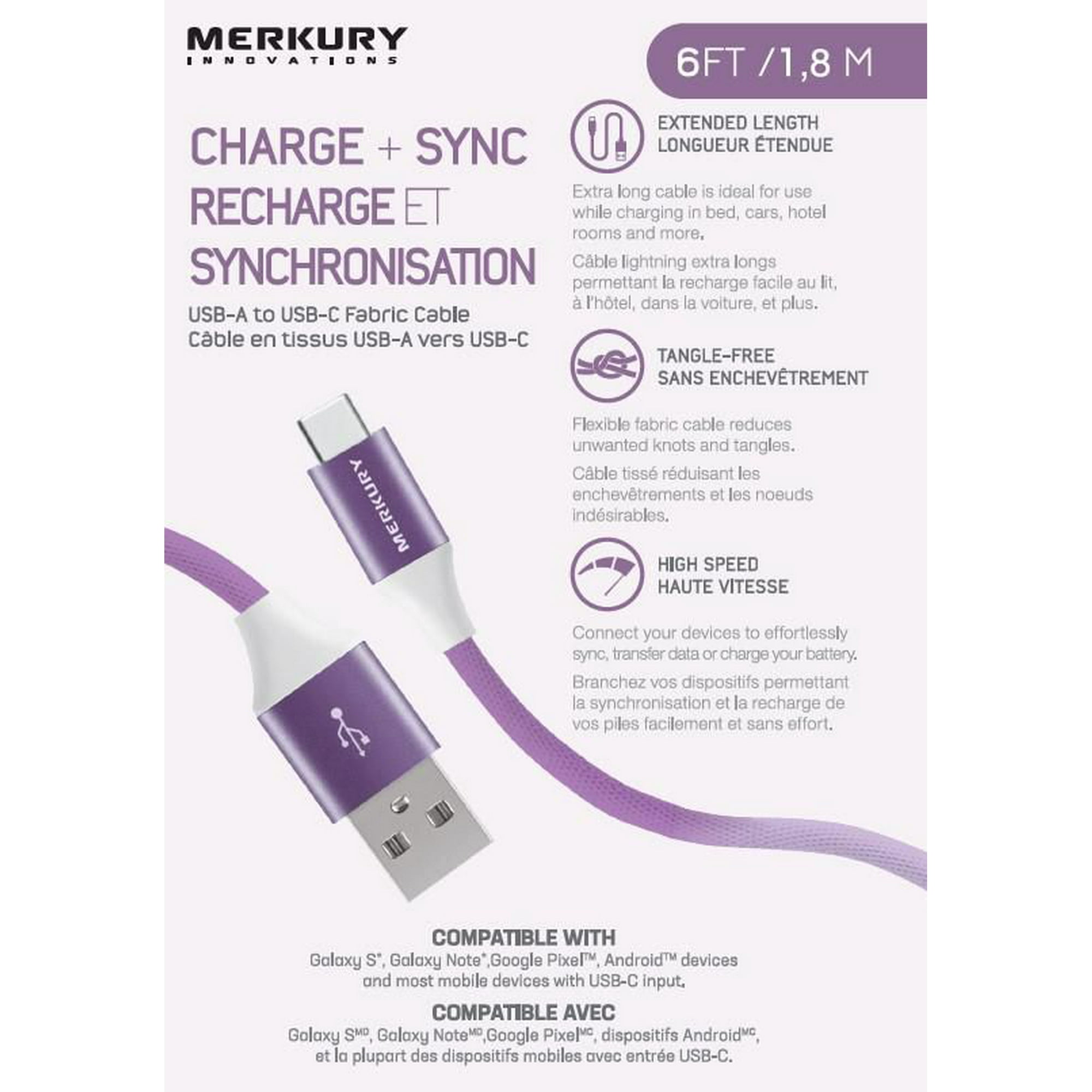 Merkury Recharge + Sync USB-A to USB-C Fabric Cable, USB-A to USB-C Fabric  Cable 